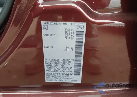 2025 Nissan Altima Sv Fwd from USA, damaged, VIN 1N4BL4DV4SN324450